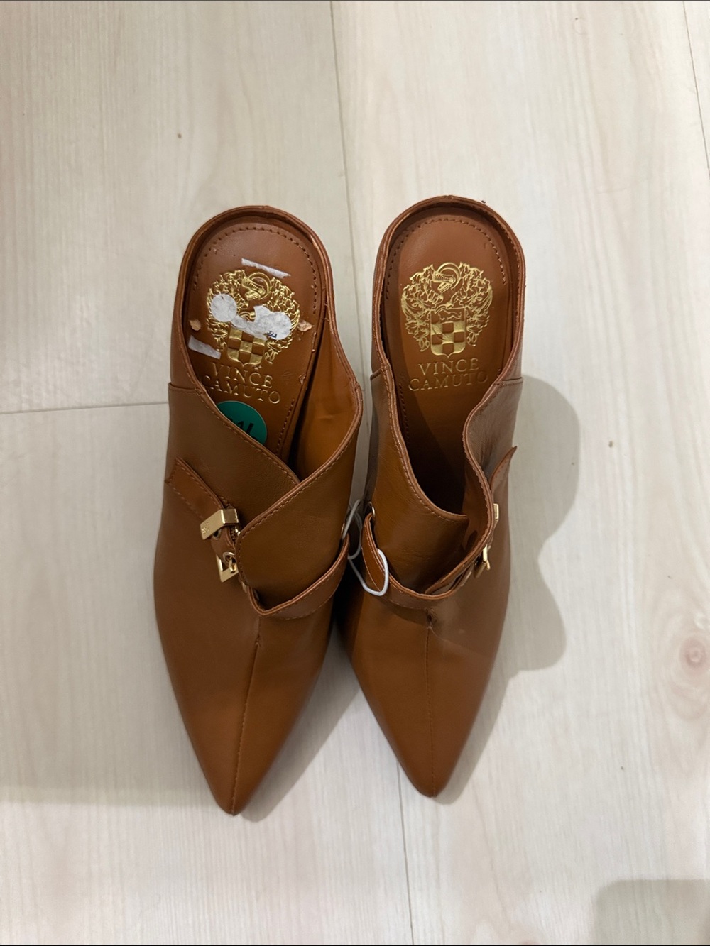 Vince Camuto Cognac Leather Pointed Mule with Gold Buckle